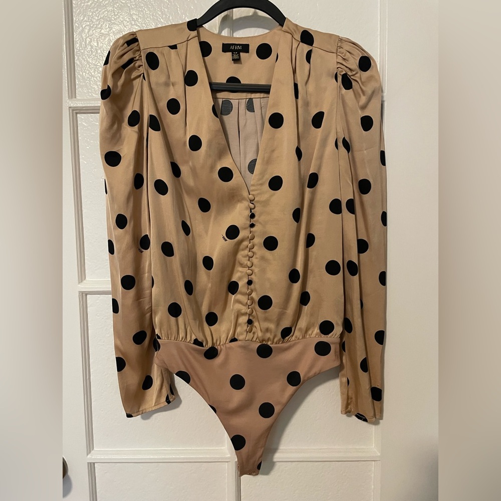 AFRM Beige and Black Polka Dot Long Sleeve Bodysuit